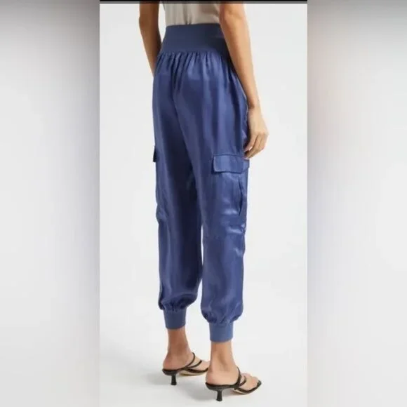 NWOT CINQ À SEPT Giles Cupro Crop Cargo Joggers Blue Thunderstorm Sz SMALL - Picture 2 of 12